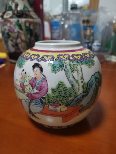 古玩陶瓷三娘教子圖粉彩蓋罐拍賣,當前價格788元