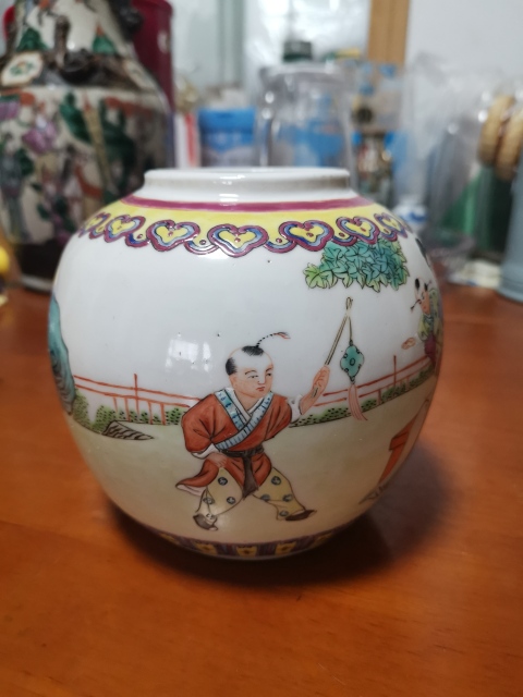 古玩陶瓷三娘教子圖粉彩蓋罐拍賣,當前價格788元