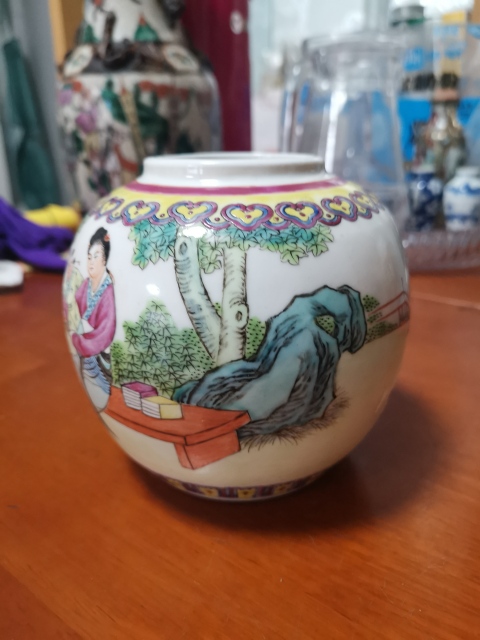 古玩陶瓷三娘教子圖粉彩蓋罐拍賣,當前價格788元