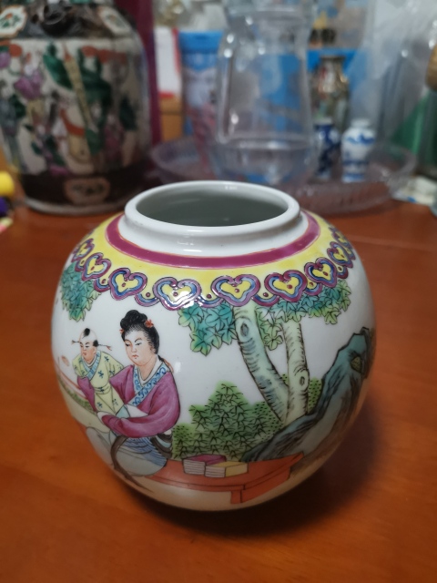 古玩陶瓷三娘教子圖粉彩蓋罐拍賣,當前價格788元