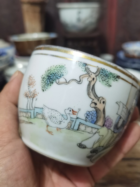 古玩陶瓷民國粉彩羲之愛鵝紋蓋缸拍賣，當前價格680元