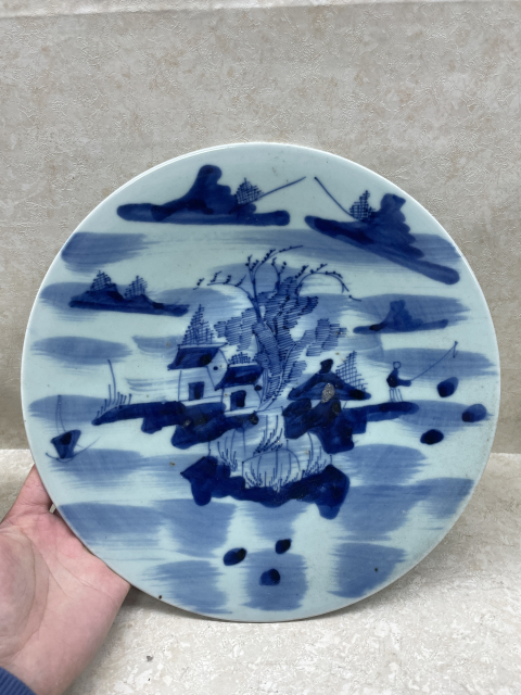 古玩陶瓷豆青青花山水紋盤拍賣，當前價格1988元