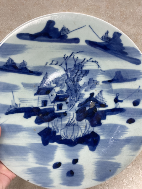 古玩陶瓷豆青青花山水紋盤拍賣，當前價格1988元