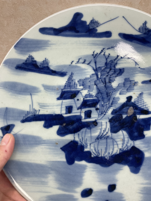 古玩陶瓷豆青青花山水紋盤拍賣，當前價格1988元