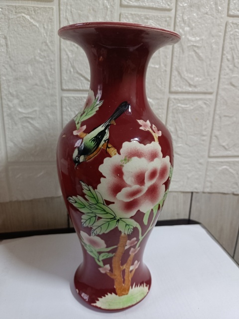 古玩陶瓷胭脂紅釉粉彩花鳥紋觀音瓶拍賣，當前價格2380元