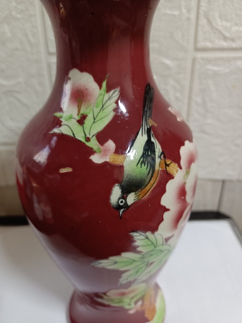 古玩陶瓷胭脂紅釉粉彩花鳥紋觀音瓶拍賣，當前價格2380元