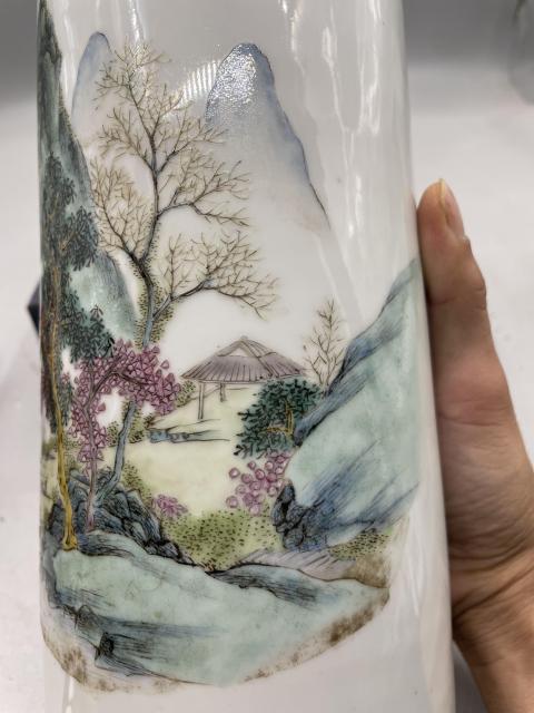 古玩陶瓷淺絳彩青綠山水帽筒拍賣，當前價格6800元