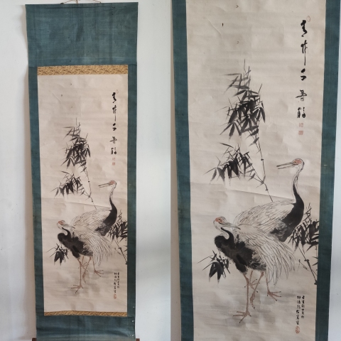 古玩字畫日本名家右齋青竹千壽鶴手工原裱立軸拍賣,當(dāng)前價(jià)格499元