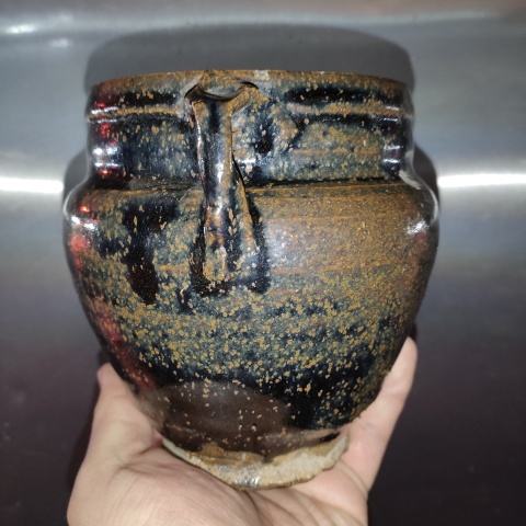 古玩陶瓷明,磁州窯黑釉鐵銹斑紋雙系罐拍賣,當前價格160元