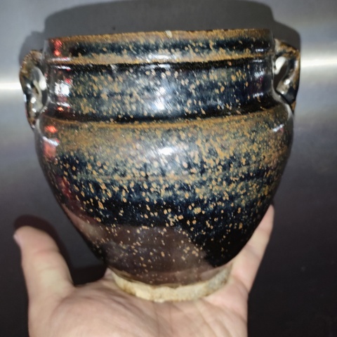 古玩陶瓷明,磁州窯黑釉鐵銹斑紋雙系罐拍賣,當前價格160元