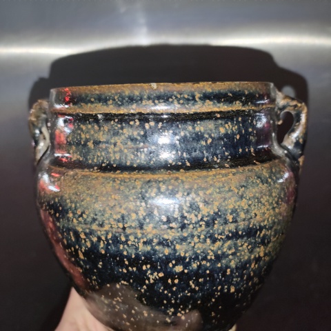 古玩陶瓷明,磁州窯黑釉鐵銹斑紋雙系罐拍賣,當前價格160元