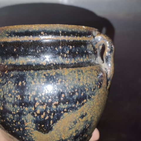 古玩陶瓷明,磁州窯黑釉鐵銹斑紋雙系罐拍賣,當前價格160元