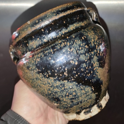古玩陶瓷明,磁州窯黑釉鐵銹斑紋雙系罐拍賣,當前價格160元