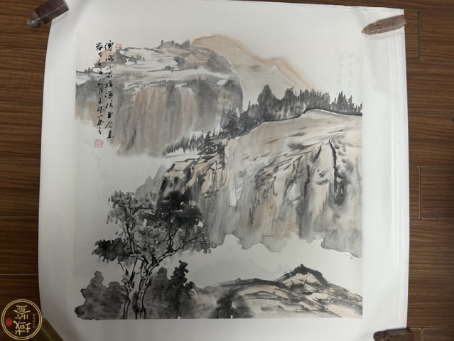 古玩字畫朱玉斌精品斗方山水拍賣，當(dāng)前價(jià)格455元