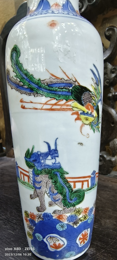 古玩陶瓷青花五彩麒麟問(wèn)鳳紋筒瓶拍賣,當(dāng)前價(jià)格15888元
