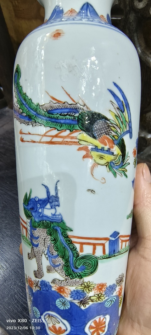 古玩陶瓷青花五彩麒麟問(wèn)鳳紋筒瓶拍賣,當(dāng)前價(jià)格15888元