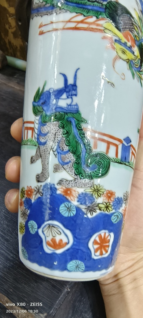 古玩陶瓷青花五彩麒麟問(wèn)鳳紋筒瓶拍賣,當(dāng)前價(jià)格15888元