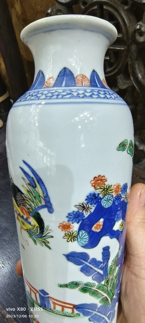 古玩陶瓷青花五彩麒麟問(wèn)鳳紋筒瓶拍賣,當(dāng)前價(jià)格15888元