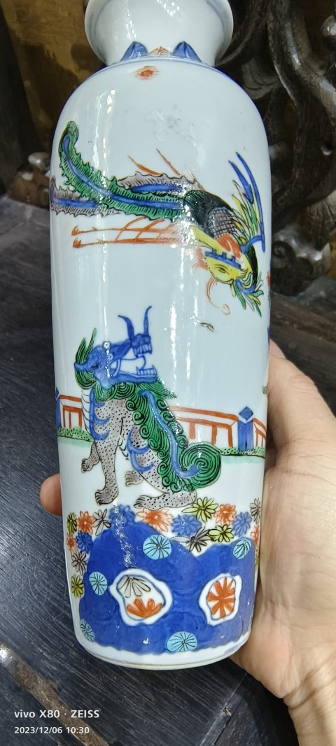 古玩陶瓷青花五彩麒麟問(wèn)鳳紋筒瓶拍賣,當(dāng)前價(jià)格15888元