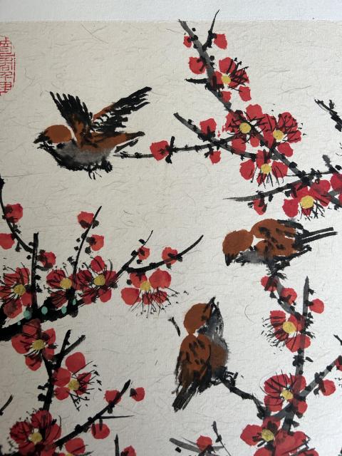 古玩字畫鄭丕柱老師精品花鳥斗方拍賣,當(dāng)前價(jià)格588元