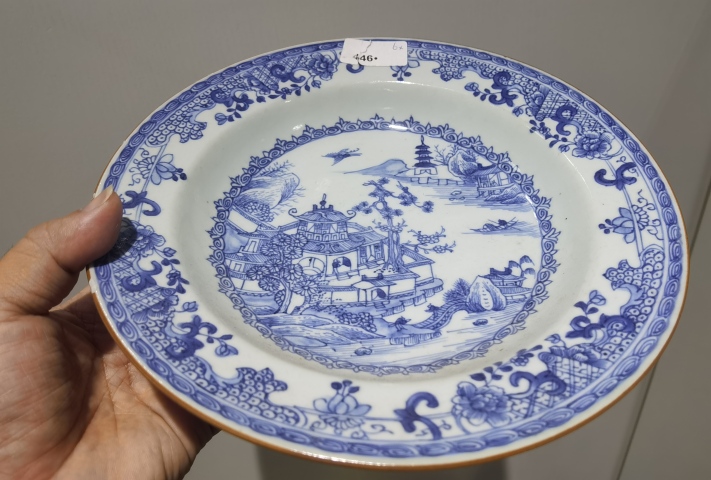 古玩陶瓷乾隆青花亭臺樓閣山水盤拍賣,當前價格2888元