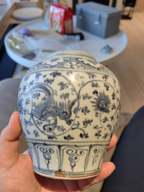 古玩陶瓷明代空白期到頭鳳穿花青花罐拍賣，當(dāng)前價(jià)格12000元