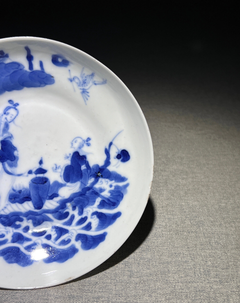 古玩陶瓷精品大清道光年制款·青花故事人物海屋添籌紋折腰盤(pán)拍賣(mài),當(dāng)前價(jià)格3888元