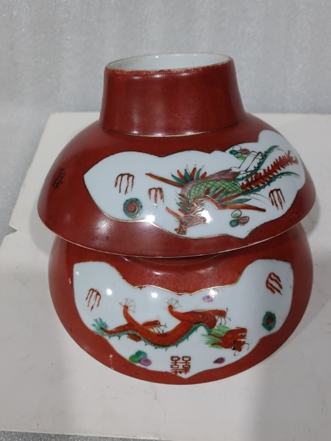 古玩陶瓷**紅開窗粉彩龍鳳紋高足貢碗拍賣,當前價格528元