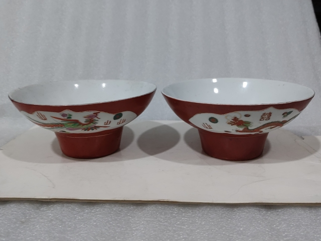古玩陶瓷**紅開窗粉彩龍鳳紋高足貢碗拍賣,當前價格528元