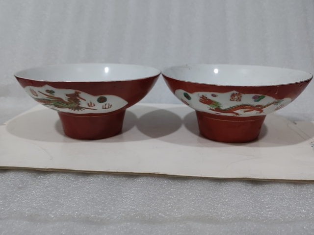 古玩陶瓷**紅開窗粉彩龍鳳紋高足貢碗拍賣,當前價格528元