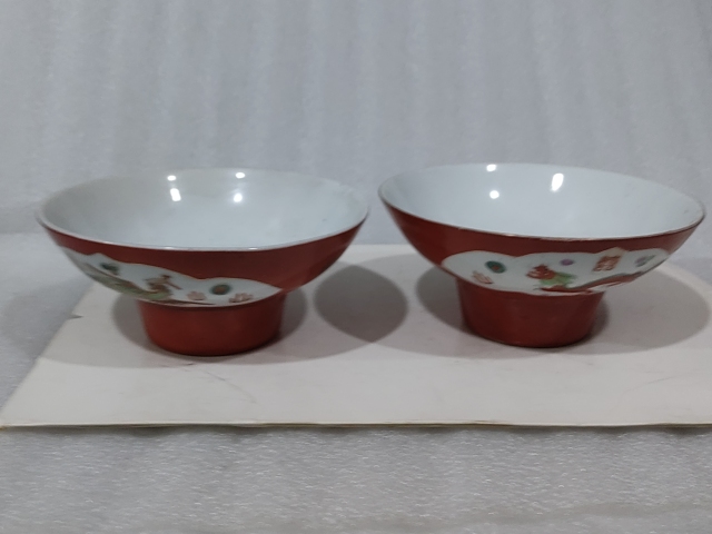 古玩陶瓷**紅開窗粉彩龍鳳紋高足貢碗拍賣,當前價格450元