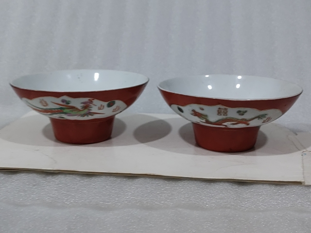 古玩陶瓷**紅開窗粉彩龍鳳紋高足貢碗拍賣,當前價格450元