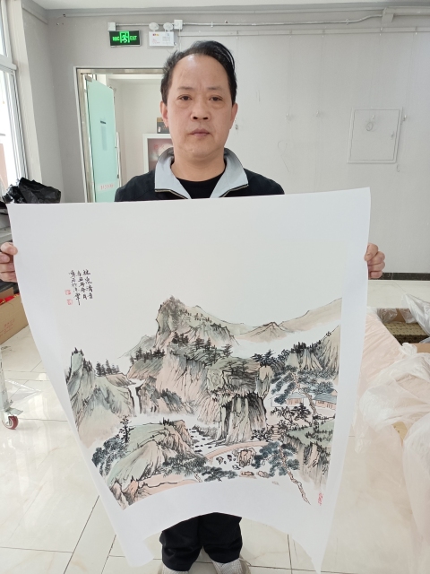 古玩字畫溫業強（字鳴石）斗方精品山水拍賣，當前價格455元