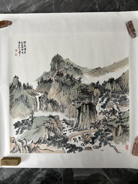 古玩字畫溫業強（字鳴石）斗方精品山水拍賣，當前價格455元