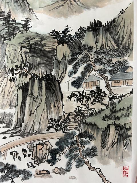 古玩字畫溫業強（字鳴石）斗方精品山水拍賣，當前價格455元