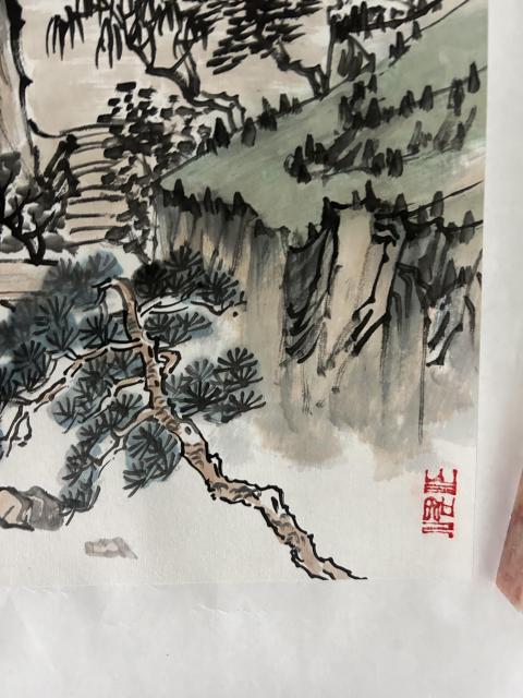古玩字畫溫業強（字鳴石）斗方精品山水拍賣，當前價格455元