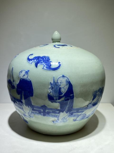 古玩陶瓷豆青釉青花加白五子奪魁西瓜罐拍賣,當(dāng)前價(jià)格8888元