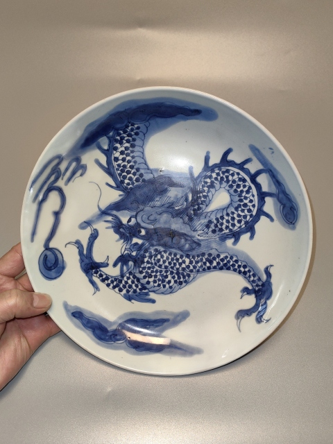 古玩陶瓷清雍正-過墻龍紋青花盤拍賣，當前價格168元