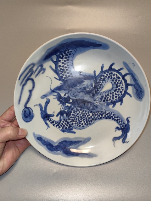 古玩陶瓷清雍正-過墻龍紋青花盤拍賣，當前價格168元