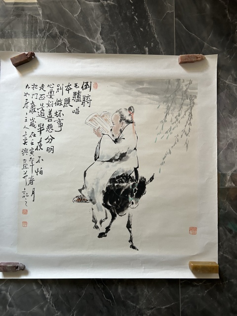古玩字畫何奕興老師精品斗方《騎驢圖》拍賣，當前價格455元