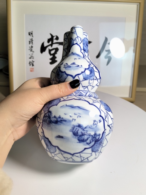古玩陶瓷山水紋青花葫蘆瓶拍賣,當前價格390元