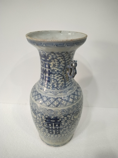 中国 青花 喜字文雙耳瓶 高さ約42.5㎝ V R7762B