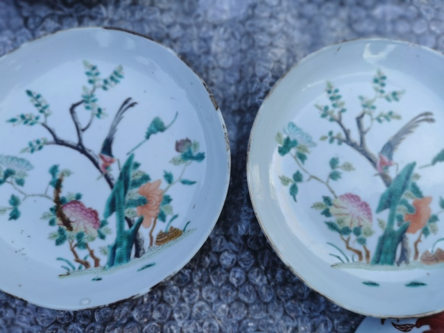 古玩陶瓷清同治?洞石錦雞花卉紋盤一對拍賣，當前價格3000元