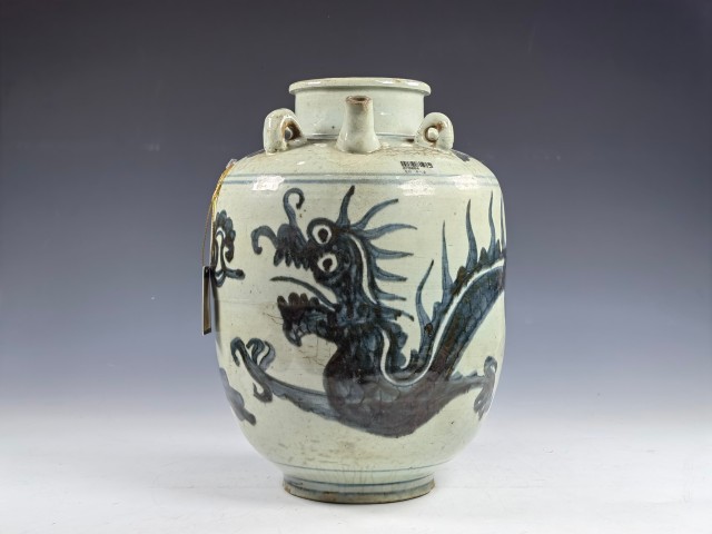 古玩陶瓷明末清初青花龍紋四系壺拍賣(mài),當(dāng)前價(jià)格10500元