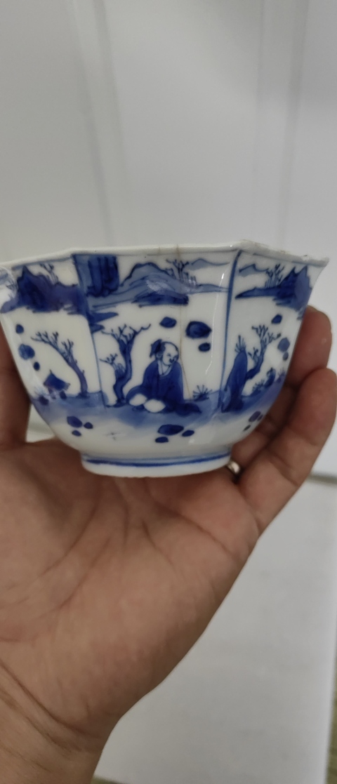 古玩陶瓷順治·人物山水青花八方碗拍賣，當前價格5500元