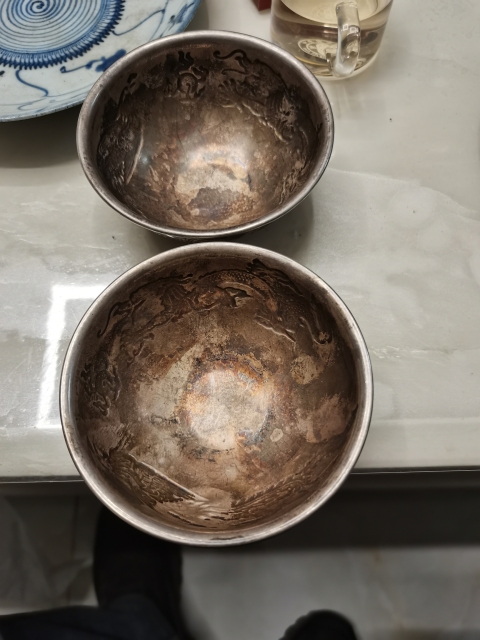 古玩雜項銀碗底款老鳳祥。龍鳳呈祥。一對一塊出。拍賣，當前價格5999元