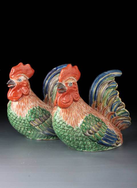 古玩陶瓷【8848-49】清乾隆  粉彩雄雞瓷塑擺件拍賣，當前價格8100元