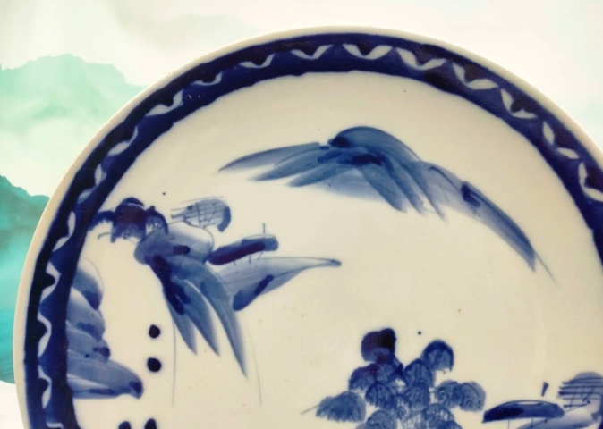 古玩陶瓷山水紋青花盤拍賣,當前價格350元