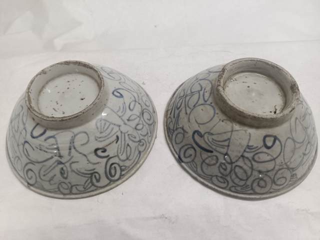 古玩陶瓷清中晚期.青花花卉紋喜字碗一對拍賣,當前價格400元
