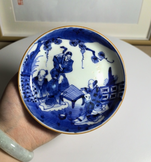 古玩陶瓷清中期 青花對弈圖盤拍賣,當前價格750元